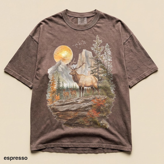 Vintage Elk Mountain Tee, Alpine Cliff Sunset Illustration Graphic Shirt, Forest Wildlife Comfort Colors® Top