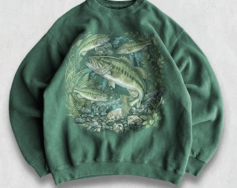Vintage Bass Fish Sweatshirt, 90s Angler Wildlife Art Crewneck, Freshwater River Fishing Graphic Sweater