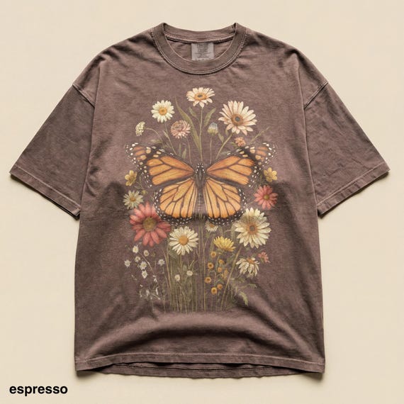 Vintage Monarch Butterfly Tee, Wildflower Meadow Portrait, Illustration Graphic Shirt, Botanical Comfort Colors® Top