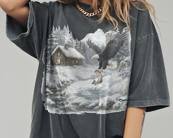 Vintage Winter Bald Eagle T-Shirt, Snowy Forest Cabin Illustration Graphic Tee, Wildlife Comfort Colors® Top