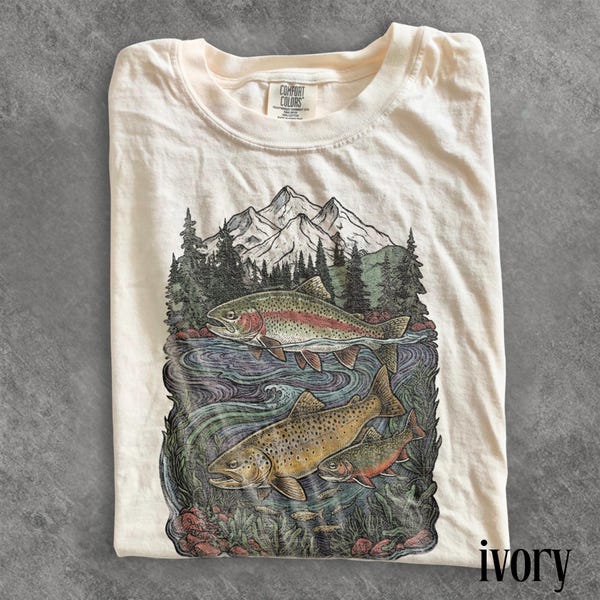 Retro Trout Fishing Graphic Tee, Mountain River Fish Shirt, Vintage Outdoor Wilderness Style Top, Comfort Colors® Fishing Gift Tee