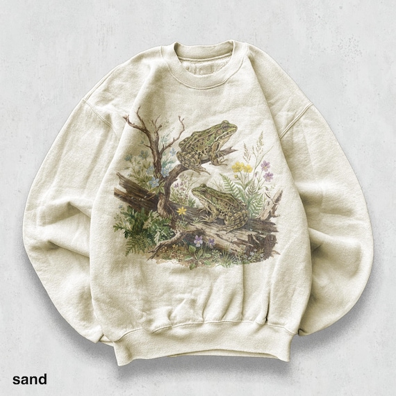 Vintage Woodland Frog Sweatshirt, 90s Nature Illustration Crewneck with Forest Amphibian Botanical Scene Graphic