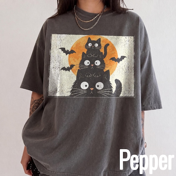 Stacked Black Cats Halloween Shirt, Spooky Moon Bats Graphic Tee, Vintage Cat Stack Sweatshirt, Comfort Colors® Autumn Gift