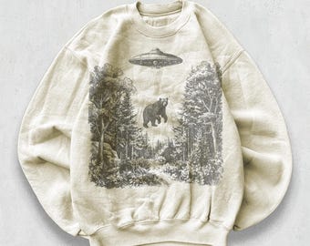 Alien Bear Abduction Sweatshirt, Vintage 90s UFO Forest Art Crewneck, Retro Sci Fi Wildlife Graphic Sweater