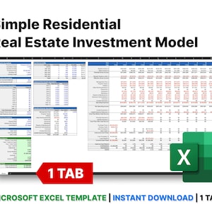 May include: A spreadsheet titled "Simple Residential Real Estate Investment Model" with data tables and an Excel icon. The text "1 TAB" is displayed on a red arrow. The words "MICROSOFT EXCEL TEMPLATE | INSTANT DOWNLOAD | 1 TAB" are also visible.