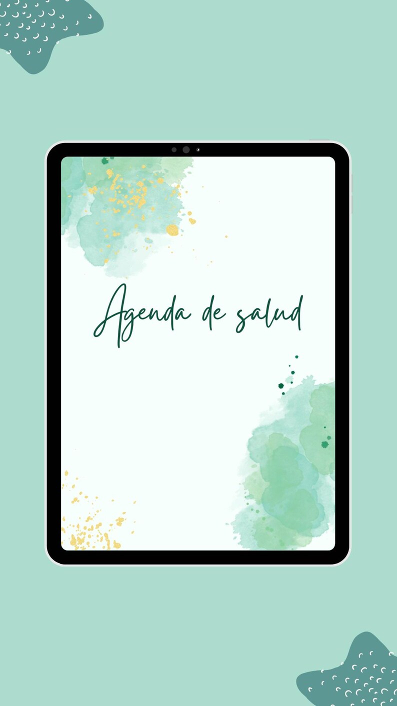 Pode incluir: Um tablet digital com moldura preta exibe o texto "Agenda de salud" em uma fonte manuscrita. A tela apresenta detalhes em aquarela verde e dourado sobre um fundo branco, em um fundo verde-azulado claro.