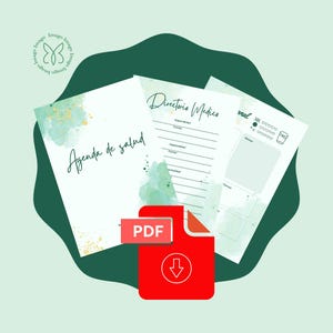 Pode incluir: Um documento PDF digital com as palavras "Agenda de salud" e "Directorio Medico" em papel branco. O &iacute;cone PDF &eacute; vermelho com uma seta de download. O fundo &eacute; verde claro com formas verde escuro e detalhes em aquarela.