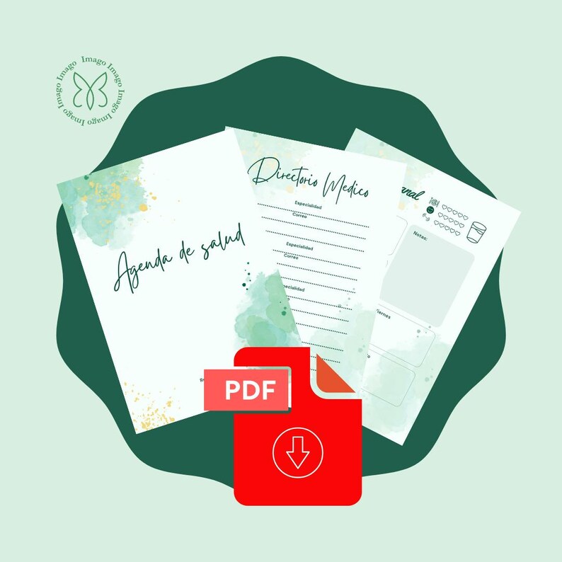 Pode incluir: Um documento PDF digital com as palavras "Agenda de salud" e "Directorio Medico" em papel branco. O &iacute;cone PDF &eacute; vermelho com uma seta de download. O fundo &eacute; verde claro com formas verde escuro e detalhes em aquarela.