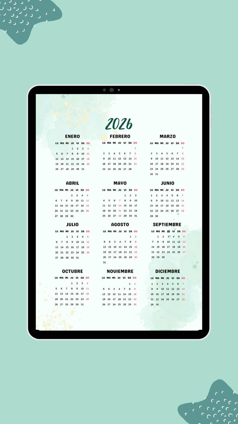 Pode incluir: Calend&aacute;rio digital para o ano de 2026, exibido em um tablet preto. O calend&aacute;rio est&aacute; em espanhol, com o nome e as datas de cada m&ecirc;s claramente vis&iacute;veis. O fundo &eacute; verde suave com formas abstratas.