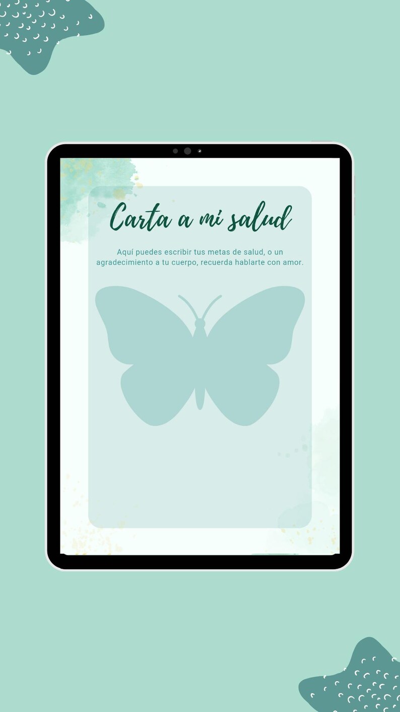 Pode incluir: Um tablet digital exibe um fundo azul claro com o texto "Carta a mi salud" e uma ilustra&ccedil;&atilde;o de borboleta. O texto abaixo incentiva a escrever metas de sa&uacute;de e amor-pr&oacute;prio.