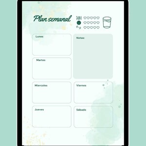 Pode incluir: Um planejador semanal digital em um tablet com um fundo verde claro. O planejador inclui se&ccedil;&otilde;es para cada dia da semana, juntamente com &iacute;cones para m&iacute;dia social, hidrata&ccedil;&atilde;o e exerc&iacute;cios. O t&iacute;tulo "Plan semanal" est&aacute; escrito em it&aacute;lico.