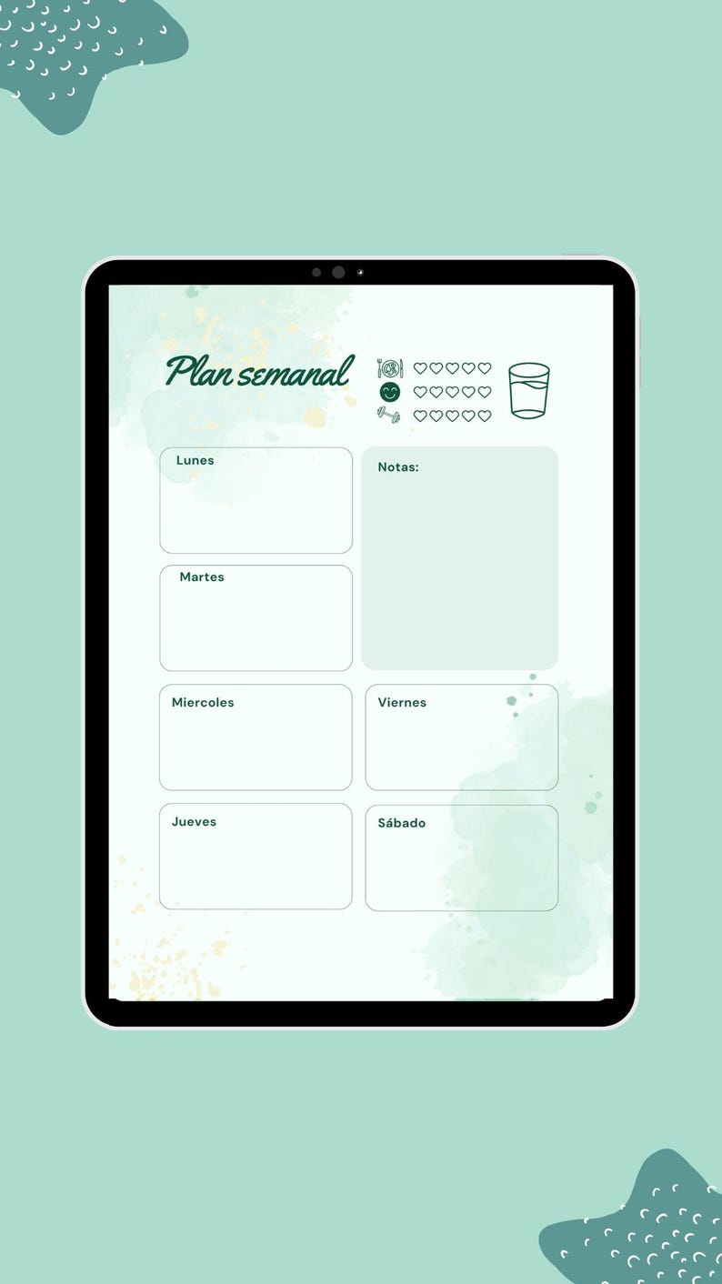 Pode incluir: Um planejador semanal digital em um tablet com um fundo verde claro. O planejador inclui se&ccedil;&otilde;es para cada dia da semana, juntamente com &iacute;cones para m&iacute;dia social, hidrata&ccedil;&atilde;o e exerc&iacute;cios. O t&iacute;tulo "Plan semanal" est&aacute; escrito em it&aacute;lico.