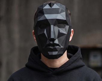 Máscara de baja poligonalidad, máscara facial geométrica, máscara poligonal negra, máscara de disfraz futurista, máscara cyberpunk, máscara facial de Halloween, máscara de cosplay