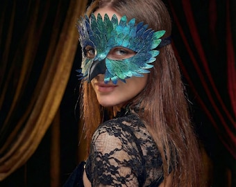 Blauw kunstleermasker, pauwenmasker, vogelmasker, vogeloogmasker, vogelbekmasker, uilmasker, fantasievogelmasker, Venetiaans masker