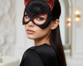 Máscara de gato con diamantes de imitación, máscara de Catwoman negra, máscara de carnaval roja y negra, máscara veneciana, máscara de Halloween, máscara de cosplay, máscara para fiestas de Mardi Gras