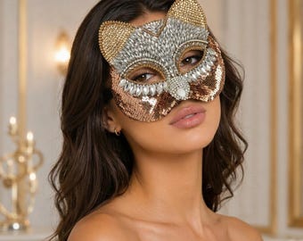Máscara de gato, máscara de gato dorada, máscara de lentejuelas, máscara de carnaval, máscara de animal, máscara therian, máscara de cosplay, máscara de Mardi Gras, máscara de Catwoman, máscara para ojos