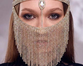 Mascarilla facial con diamantes de imitación, mascarilla facial de cristal, mascarilla facial con cadena dorada, joyería facial llamativa, mascarilla de festival, velo facial para danza del vientre, mascarilla con flecos de cristal