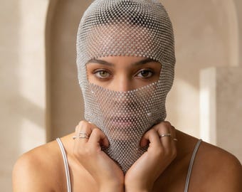 Máscara facial con diamantes de imitación, pasamontañas de cristal, máscara con capucha para festivales, cubierta para la cabeza brillante, máscara facial plateada, cubierta facial para rave, máscara cyberpunk