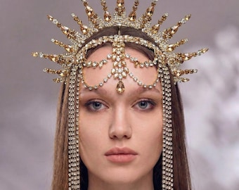 Tocado de corona dorada, tocado de corona con rayos de sol, tocado de corona de cristal, corona de diosa dorada, tocado de corona llamativa, corona de novia dorada