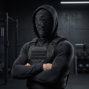 Op de afbeelding: Een persoon in een zwarte hoodie, tactisch vest en een getextureerde gezichtsbedekking. De armen van de persoon zijn gekruist. De achtergrond is een donkere sportschool met fitnessapparatuur.
