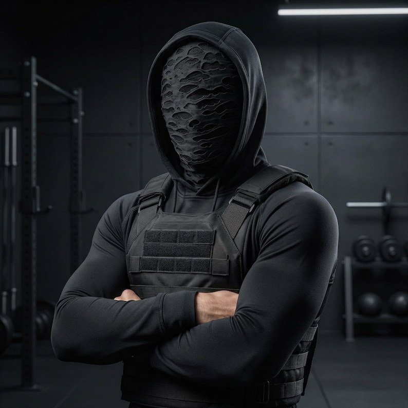 Op de afbeelding: Een persoon in een zwarte hoodie, tactisch vest en een getextureerde gezichtsbedekking. De armen van de persoon zijn gekruist. De achtergrond is een donkere sportschool met fitnessapparatuur.