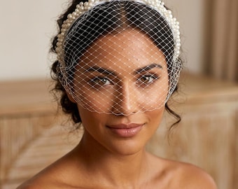 Diadema de perlas con velo, diadema con velo tipo jaula, accesorio para el cabello de novia, diadema con velo para boda, tocado de novia de perlas, diadema con velo de novia