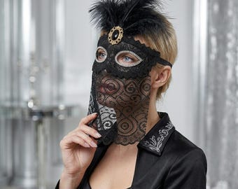 Máscara de carnaval, máscara veneciana, máscara de encaje negro, máscara de encaje, máscara de Mardi Gras, máscara de baile de máscaras, máscara nupcial, máscara facial completa, velo de encaje