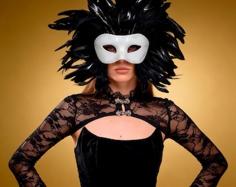 Máscara de plumas negras, máscara de plumas de carnaval, máscara de mascarada de plumas, máscara de mascarada negra, máscara de plumas para festivales, máscara de plumas venecianas