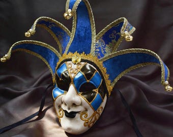 Máscara de bufón, máscara de bufón veneciana, máscara de carnaval, máscara azul dorada, máscara de arlequín, máscara de bufón de carnaval, máscara de Joker, máscara de estilo barroco