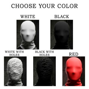 Op de afbeelding: Een afbeelding toont vijf gezichtsmaskers in verschillende kleuren: wit, zwart, wit met gaten, zwart met gaten en rood. De tekst bovenaan luidt "CHOOSE YOUR COLOR".