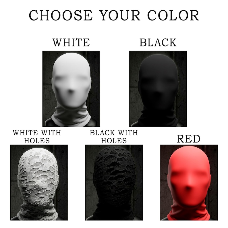 Op de afbeelding: Een afbeelding toont vijf gezichtsmaskers in verschillende kleuren: wit, zwart, wit met gaten, zwart met gaten en rood. De tekst bovenaan luidt "CHOOSE YOUR COLOR".