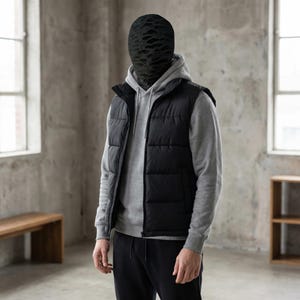 Op de afbeelding: Een zwarte gewatteerde bodywarmer over een grijze hoodie en een zwarte broek. De persoon draagt een zwart gezichtsmasker met een patroon. De outfit is casual en modern, geschikt voor streetwear.