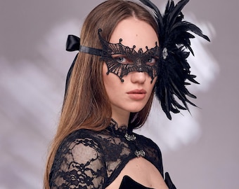 Máscara de plumas negras, máscara de encaje de plumas, máscara de encaje negro, máscara de plumas góticas, máscara de mascarada, máscara de encaje para ojos, máscara de plumas para ojos, máscara de carnaval