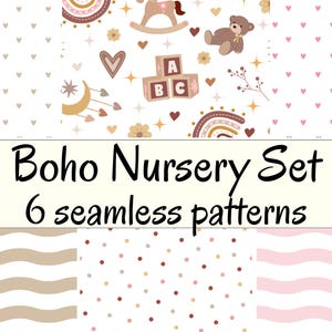 Conjunto coordinado de estilo bohemio para habitación infantil con 6 estampados sin costuras / Conjunto de colores neutros que se pueden combinar