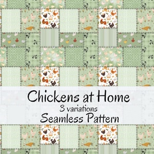 Peut inclure: Motif de couture sans couture avec des carrés verts et des illustrations de poulets. Le motif comprend le texte "Chickens at Home" et "3 variations Seamless Pattern". Le motif utilise des nuances de vert, de marron et de blanc.