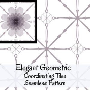 Pode incluir: Um padrão sem costura com um design geométrico elegante. O padrão apresenta um motivo repetitivo de flores e setas estilizadas em um tom roxo suave sobre um fundo branco. O texto "Elegant Geometric Coordinating Tiles Seamless Pattern" é exibido.