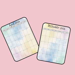 May include: Two rectangular calendars for April and December 2026. Each calendar has a watercolor background in pastel colors and a black border. The days of the week are listed across the top, and the month and year are at the top.