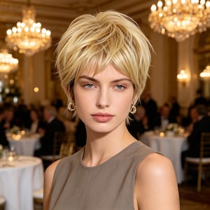 Customized labels,Premium Short Blonde Pixie Cut Wig for Women, Natural Synthetic Hair with Bangs, Heat Resistant for Daily Party Wear