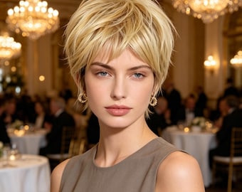 Aangepaste labels, premium korte blonde pixie-pruik voor dames, natuurlijk synthetisch haar met pony, hittebestendig voor dagelijkse feestkleding