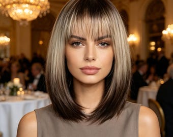 Spersonalizowane etykiety, Peruka Ombre Bob z grzywką, Peruka syntetyczna od brązu do blondu, Peruka z krótkimi prostymi włosami, Peruka odporna na ciepło na co dzień i na imprezę