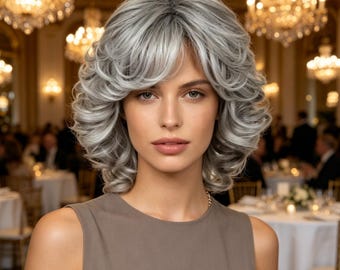 Customized labels,Silver Gray Wavy Bob Wig with Bangs, Synthetic Heat Resistant Wig for Women, Natural Looking Short Wig for Daily Wear