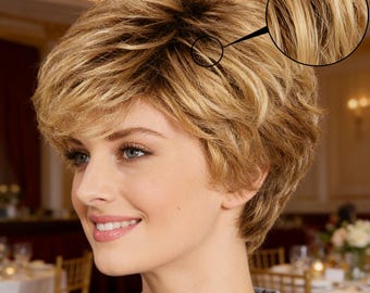 Aangepaste labels,honingblonde korte pixiepruik met textuur - gelaagde pruik van synthetisch haar