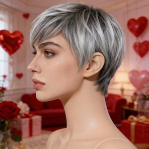 Könnte beinhalten: Mannequinkopf mit kurzem, gestuftem Haar in Grau- und Weißtönen. Das Haar hat einen seitlich gefegten Pony. Der Hintergrund umfasst herzförmige Ballons und rote Rosen, was auf ein Valentinstag-Thema hindeutet.