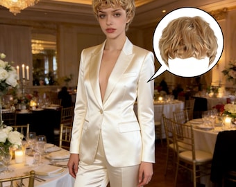 Aangepaste labels,asblonde golvende pixie-pruik met pony - kort krullend synthetisch haarstukje