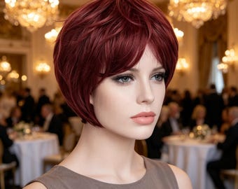 Customized labels,Burgundy Short Layered Pixie Bob Women, Heat Resistant Synthetic Wig with Bangs, Natural Daily Party Hair Replacement