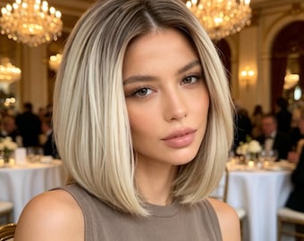 Aangepaste labels, pruik platinablonde ombre bob, rechte korte synthetische pruik, hittebestendig, valentijnscadeau voor haar, natuurlijk uitziend haar