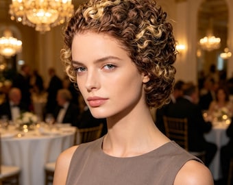 Aangepaste labels, kort krullend bruinblond pruik, natuurlijke synthetische pruik voor vrouwen, prêt-à-porter pruik formele partij