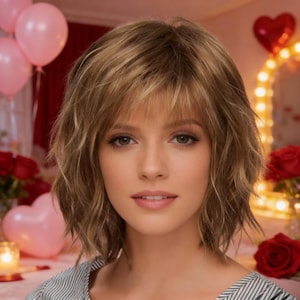 Op de afbeelding: Een vrouw met lichtbruin, golvend, gelaagd haar met pony. Het haar is gestyled in een korte, bob-achtige coupe. De vrouw draagt een gestreept shirt. Roze hartvormige ballonnen en rode rozen staan op de achtergrond.