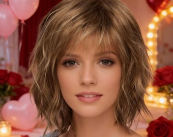 Gepersonaliseerde labels, golvende gelaagde bob-pruik met pony - natuurlijke asblonde hittebestendige synthetische pruik voor dagelijkse looks en Valentijnsdag