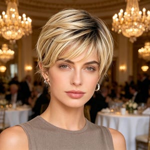 Customized labels,Blonde Short Pixie Cut Wig for Women, Heat Resistant  Wig, Natural Layered Bangs, Perfect for Valentine's Day Daily Wear